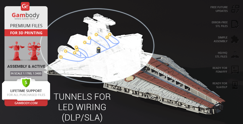 3D model of a Venator-class Star Destroyer with highlighted LED wiring paths.