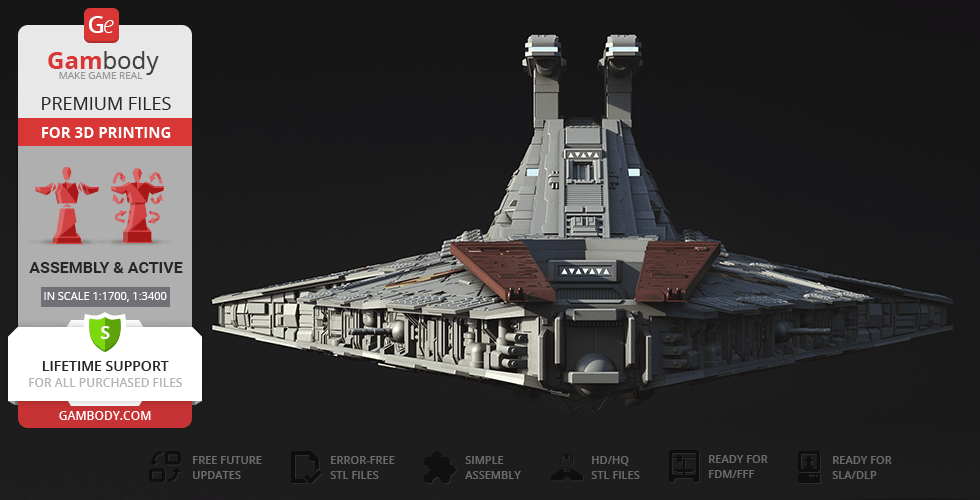 3D model of a Venator-class Star Destroyer for printing, detailed view of spaceship structure.