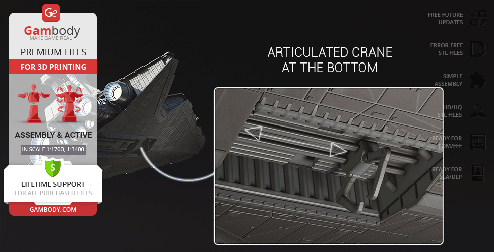 3D model of Venator-class Star Destroyer with articulated crane detail for printing, shown by Gambody.