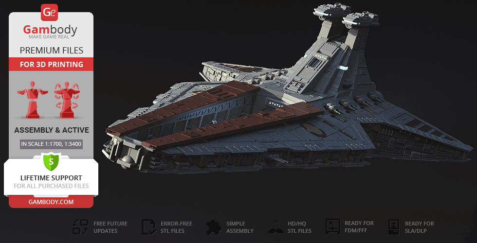 3D model of a Venator-class Star Destroyer, detailed for 3D printing.