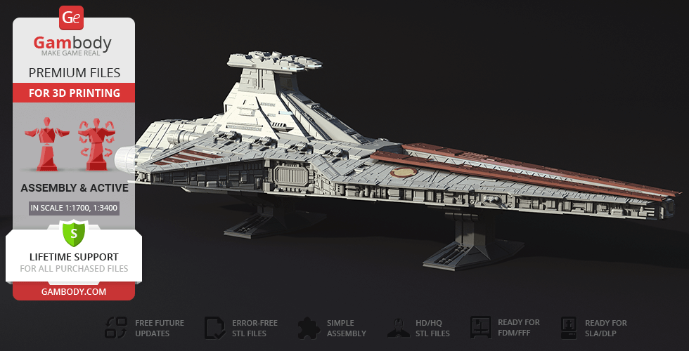 Venator-class Star Destroyer 3D model for printing, shown in detailed design on display stand.