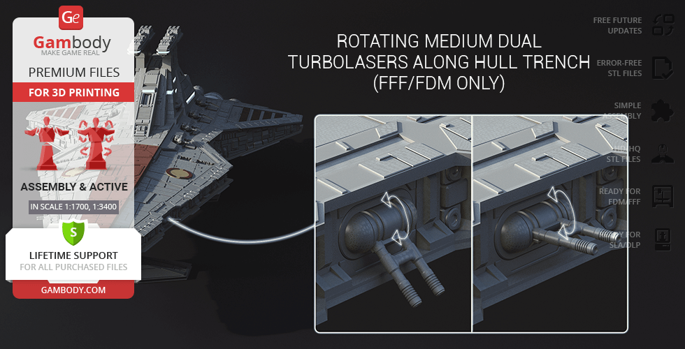 3D model of a Venator-class Star Destroyer with rotating dual turbolasers, designed for 3D printing.