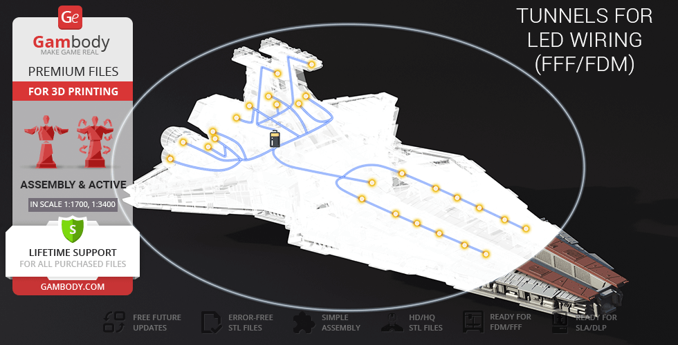 Venator-class Star Destroyer 3D model with LED wiring tunnels, ready for FDM and SLA printing.