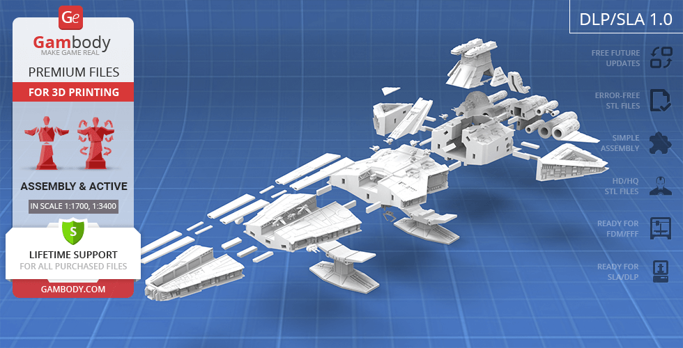 Disassembled Venator-class Star Destroyer 3D model parts, ready for printing, on a blue grid background.
