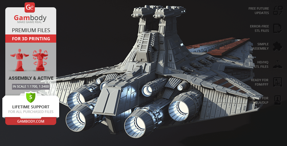 3D model of a Venator-class Star Destroyer, detailed for printing, with rear engines highlighted.