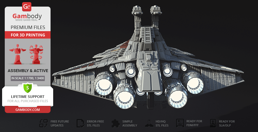 Venator-class Star Destroyer 3D model with rear thrusters, ready for 3D printing, shown from the back.