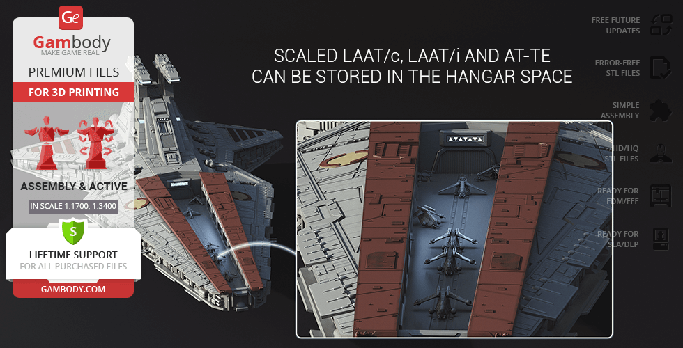 Venator-class Star Destroyer 3D model from Gambody, features scaled ships and vehicles in hangar.