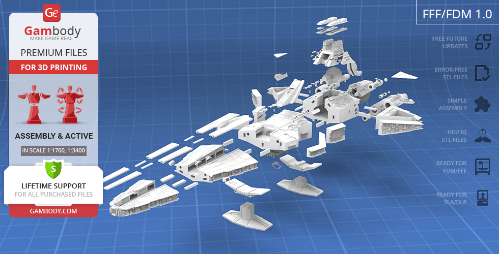 Exploded view of Venator-class Star Destroyer 3D model parts on a blue grid background.