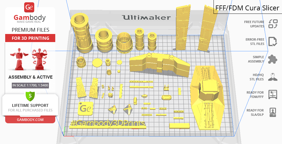 STL file layout of a Venator-class Star Destroyer for 3D printing, featuring multiple detailed parts.