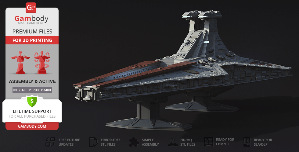 Venator-class Star Destroyer 3D model, displayed with Gambody branding for printing and assembly.