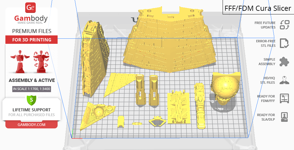 STL files for a 3D printed Venator-class Star Destroyer model divided into parts on a slicer grid.