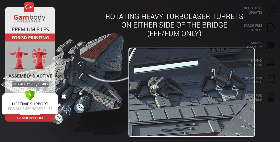 A 3D model of a Venator-class Star Destroyer with turbolaser turrets shown for 3D printing.