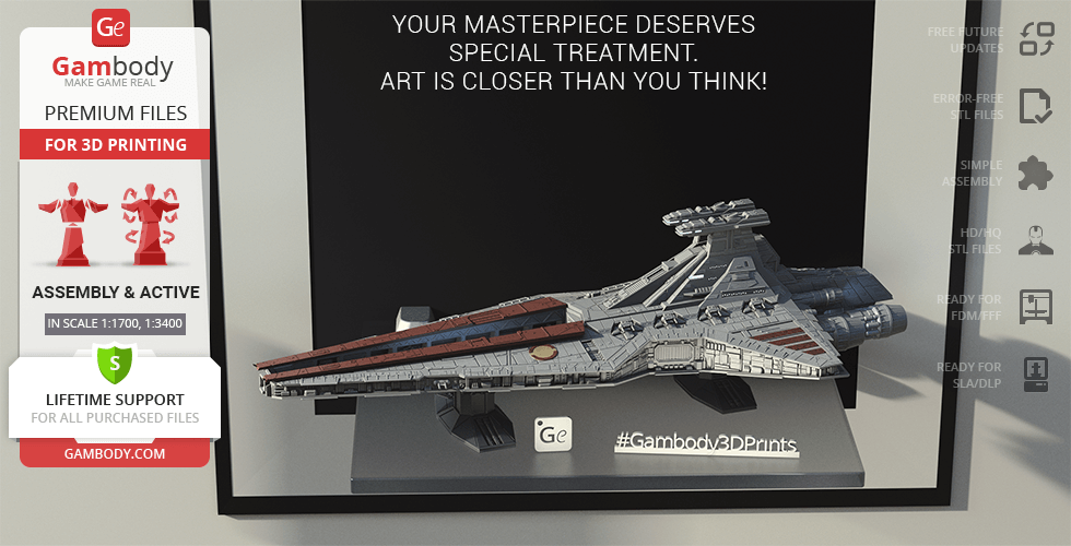 A detailed 3D model of a Venator-class Star Destroyer for 3D printing, displayed on a stand.