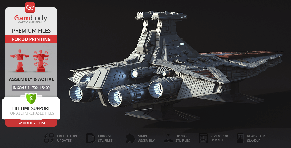 Venator-class Star Destroyer 3D model with detailed hull and engines, ideal for printing and assembly.