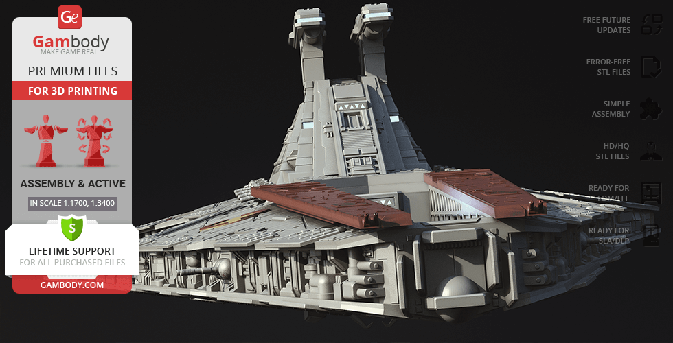 A detailed 3D model of a Venator-class Star Destroyer for printing, showcased with assembly details.