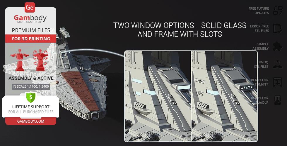 3D model of Venator-class Star Destroyer with window options for 3D printing by Gambody.