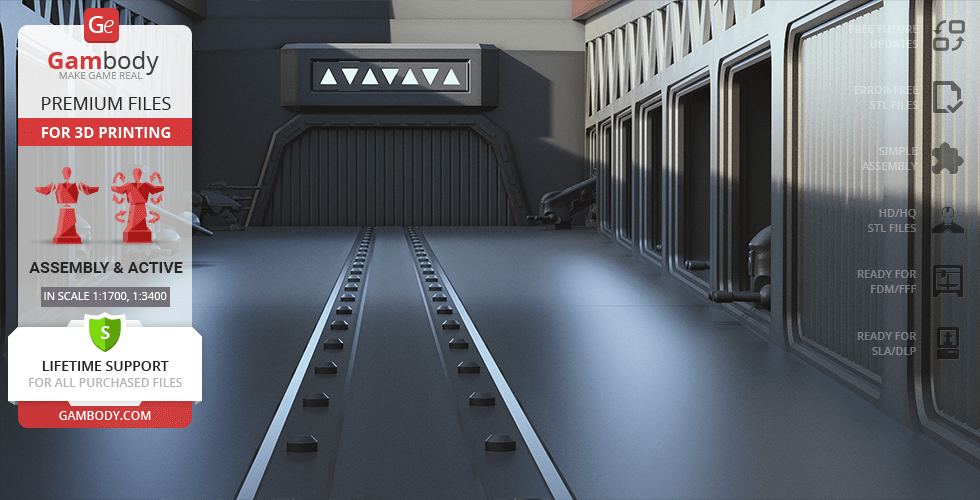 Interior view of a hangar bay with futuristic design elements and lighting, suitable for 3D printing.