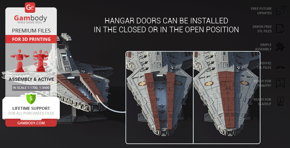Venator-class Star Destroyer 3D model, showing hangar doors in open and closed positions, ready for 3D printing.