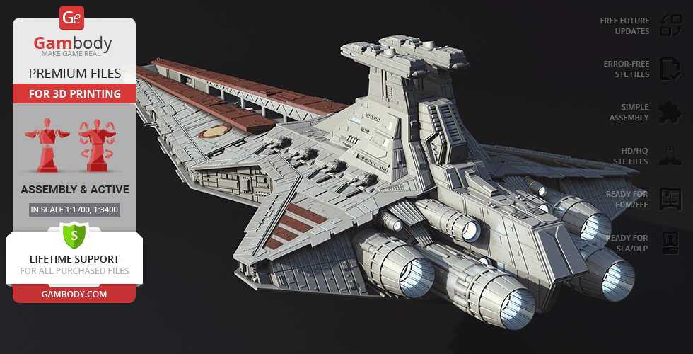 3D model of a Venator-class Star Destroyer, detailed for 3D printing, displayed on Gambody platform.