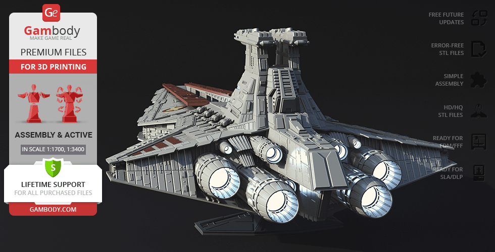Venator-class Star Destroyer 3D model with detailed engines and command tower, ready for printing.