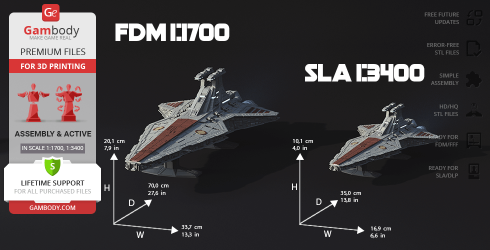 Two detailed Venator-class Star Destroyer models with scale dimensions for 3D printing (FDM 1:1700, SLA 1:3400).