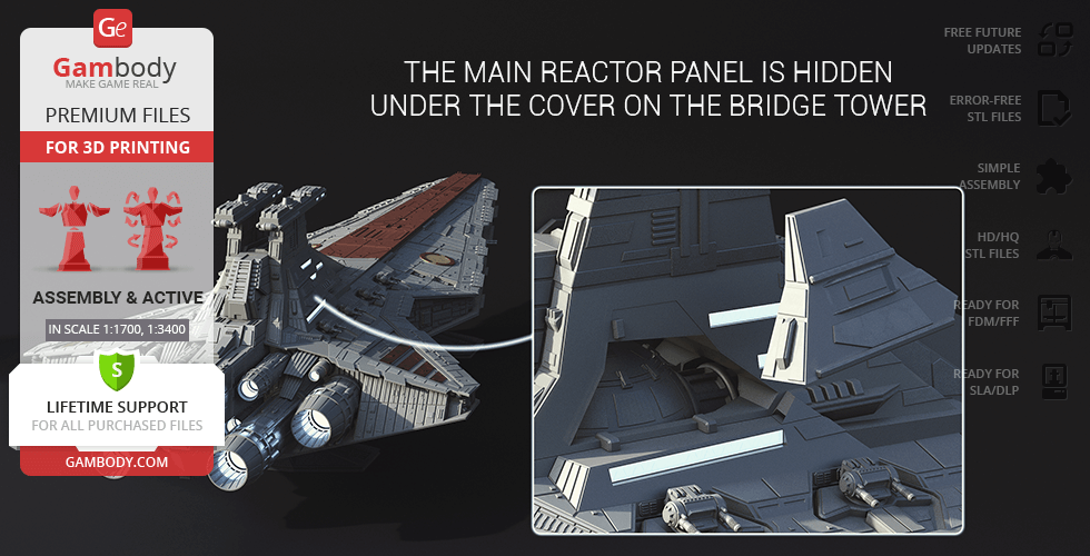 Venator-class Star Destroyer 3D model for printing, shown with assembly details and features from Gambody.