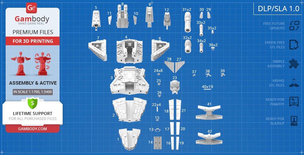 3D printable STL parts layout for Venator-class Star Destroyer model kit by Gambody.