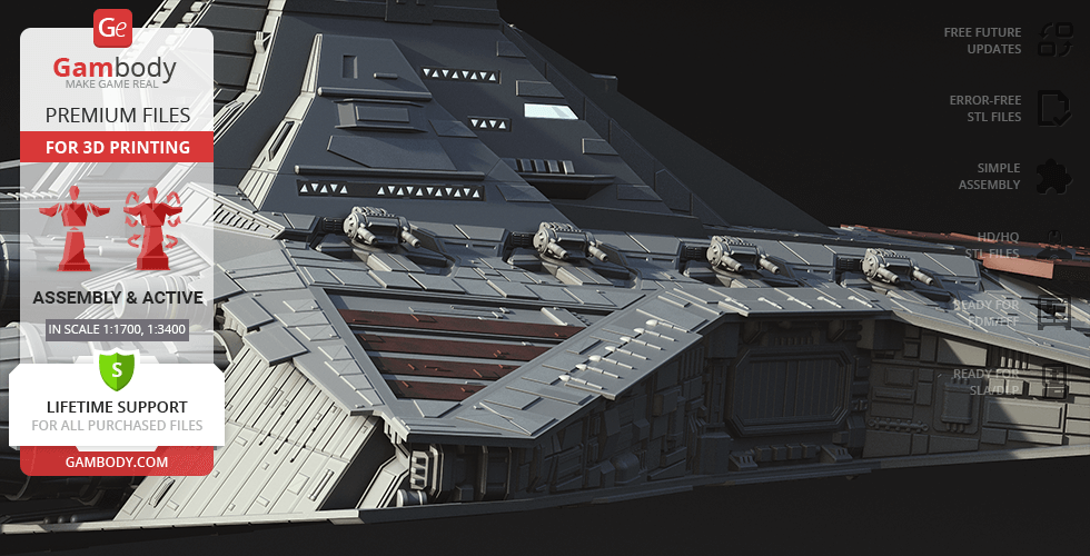Detailed 3D model of a Venator-class Star Destroyer for printing, featuring intricate surfaces and panels.