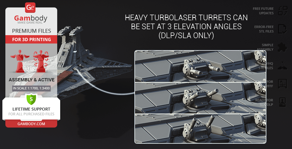 3D model of a Venator-class Star Destroyer with adjustable turbolaser turrets for 3D printing.