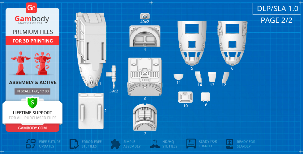 MadCat Classic Mech 3D printing parts layout with 14 labeled components on a blueprint background.