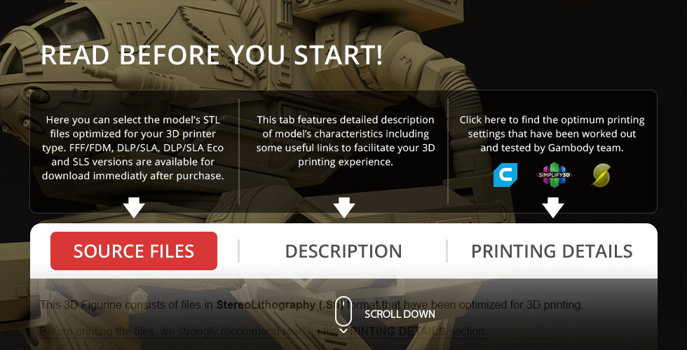 A detailed mech model with STL file download and printing instructions from Gambody.