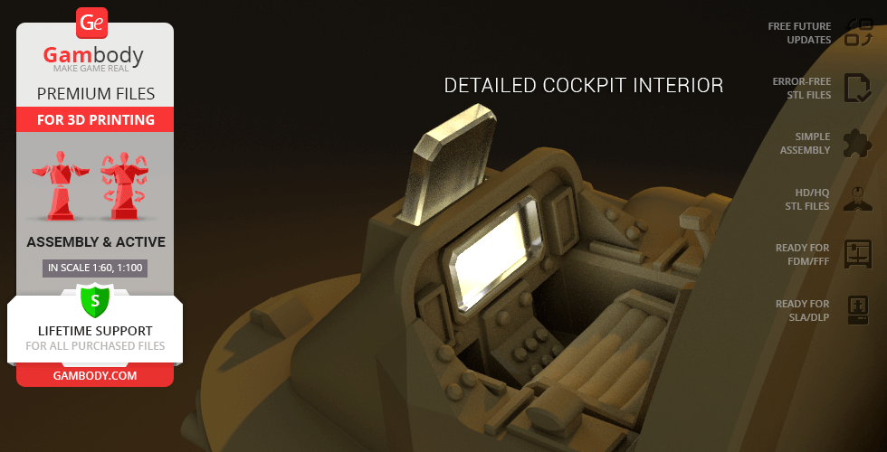 Detailed 3D model of a Mech cockpit interior for printing, featuring a screen and control panels.