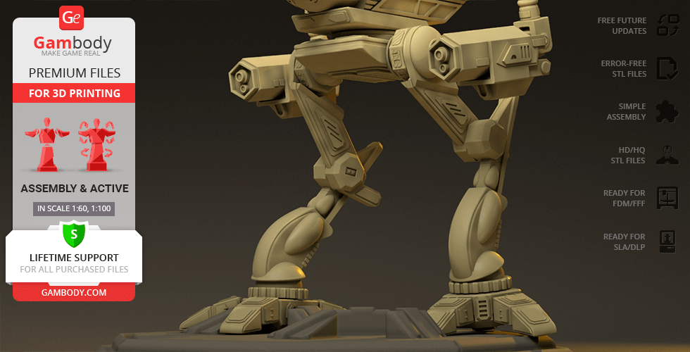 A 3D model of a MadCat Classic Mech leg, ready for 3D printing, displayed on a promotional banner.