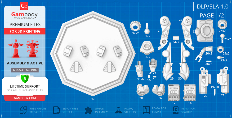 3D printed parts layout for assembling MadCat Classic Mech model by Gambody.