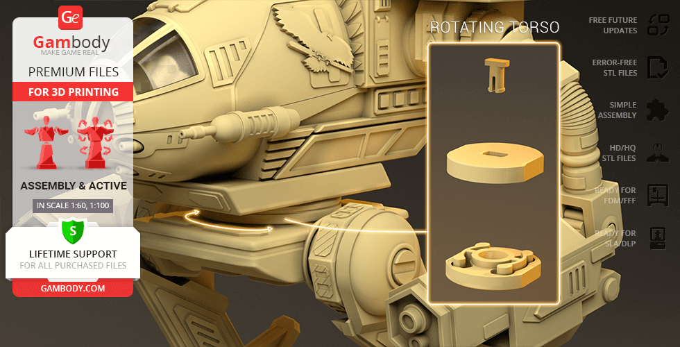 3D model of a MadCat Mech for printing with rotating torso feature highlighted.