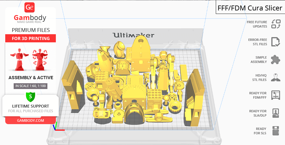 3D model parts for printing a MadCat Classic Mech, arranged on a virtual build plate in a slicer software.