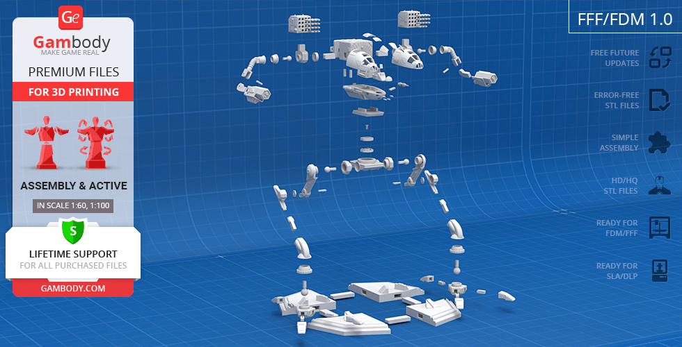 Exploded view of MadCat Classic Mech 3D model parts for printing on a blue grid background.