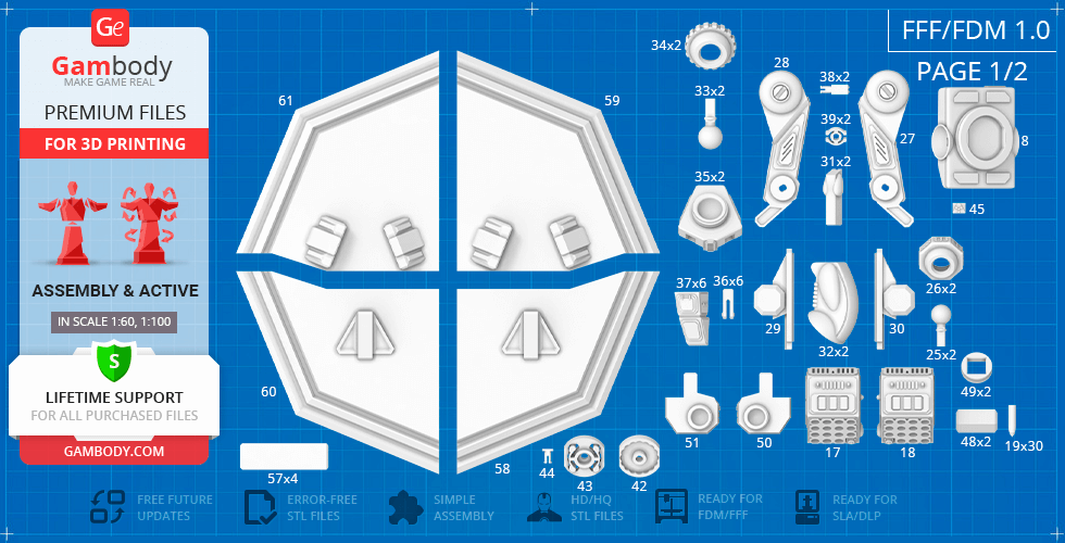 3D printing schematic for MadCat Classic Mech parts, featuring various components on a blueprint background.