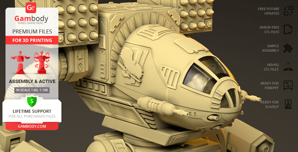 Detailed 3D model of a MadCat Classic Mech for printing, featuring cockpit and missile pods.