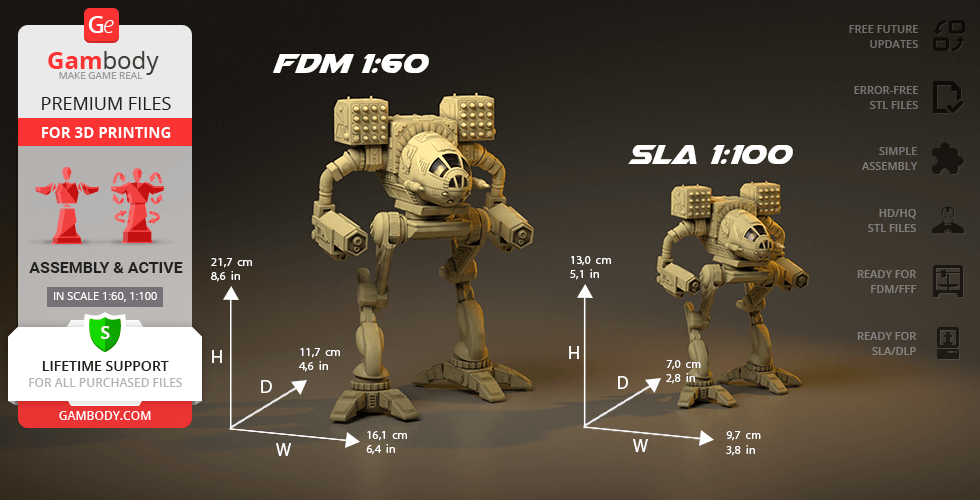 Two MadCat Classic Mechs in scales 1:60 and 1:100, showcasing dimensions for 3D printing.