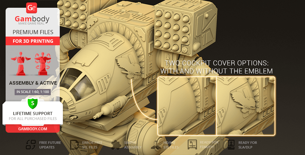 A detailed 3D model of a MadCat Mech for printing, featuring cockpit cover options and mechanical details.