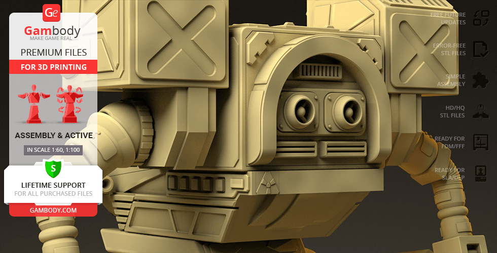 Robotic mech model with boxy design and detailed components, featured for 3D printing.