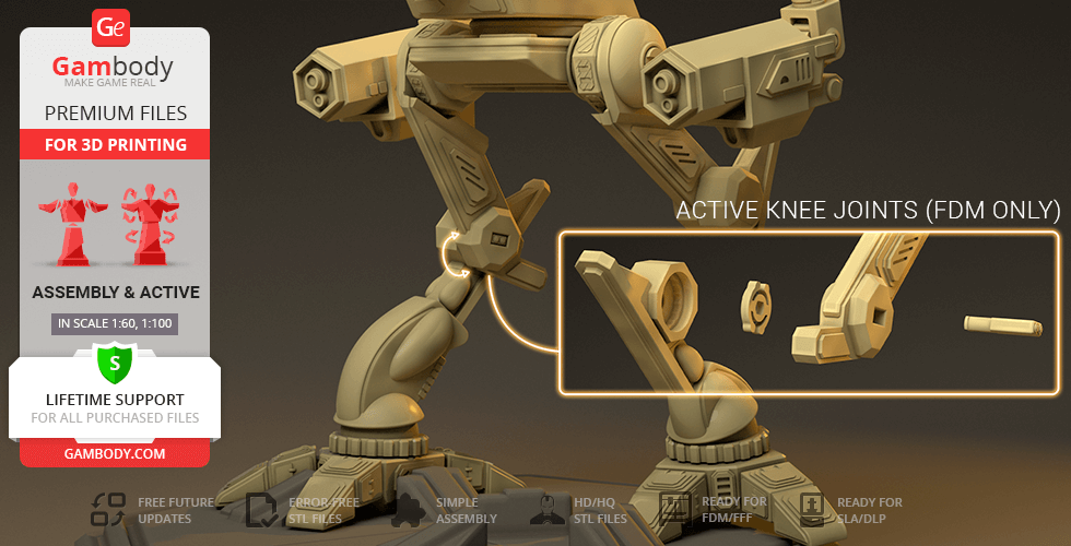 A tan 3D model of a MadCat mech with detailed active knee joints, designed for FDM 3D printing.