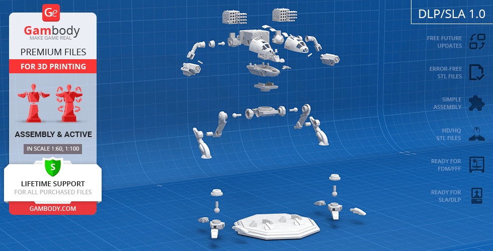 Exploded view of MadCat Mech parts for 3D printing, displayed on a grid background.