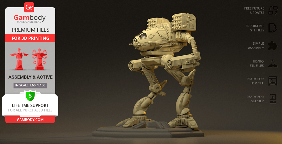 3D model of a MadCat Classic Mech on display stand, with details for 3D printing from Gambody.