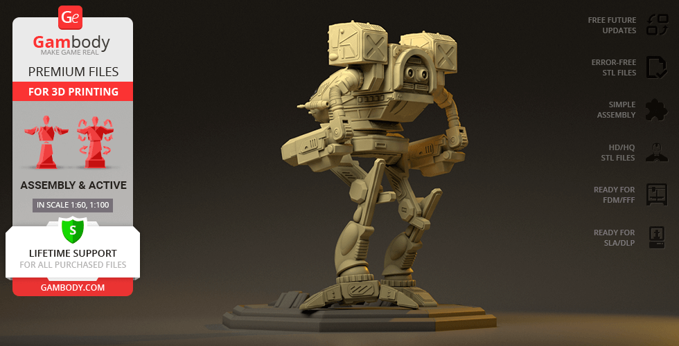 A detailed 3D model of a classic MadCat mech, ready for printing, in a dynamic pose on a base.