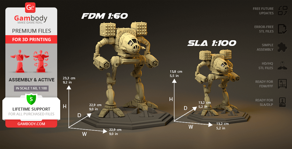 Two MadCat Mech models in different scales for 3D printing from Gambody, with assembly details.