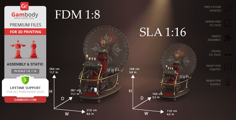 A retro time machine model with ornate design and seat, shown in two scale sizes for 3D printing (1:8 and 1:16).