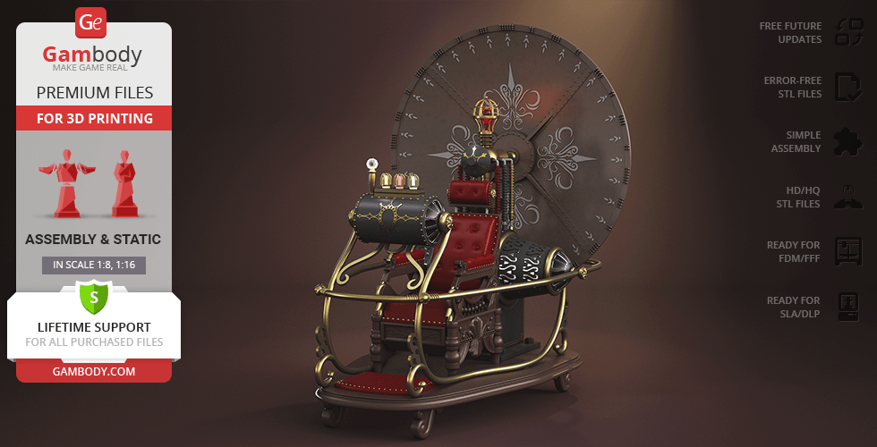 1960s inspired time machine 3D model with intricate details, featuring a large rear disc and red seat.