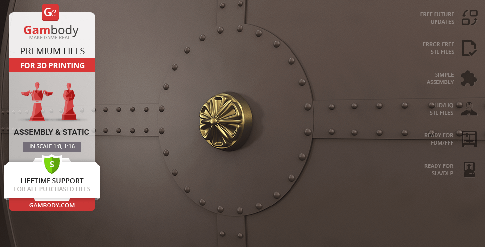 Bronze-colored, rivet-accented circular panel with a decorative central knob, labeled for 3D printing by Gambody.